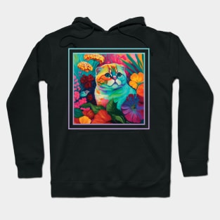 Surprised Scottish Fold Cat Vibrant Tropical Flower Digital Oil Painting Portrait Hoodie